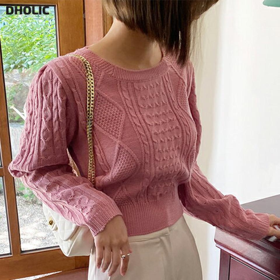 スクエアネックケーブルニット・b01149 レディース 【tops】トップス ニット 長袖 ケーブル編み スクエアネック ピンク シンプル カジュアル ラフ ドロップショルダー クロップド丈 カラーニット ショート丈 春 秋 韓国ファッション