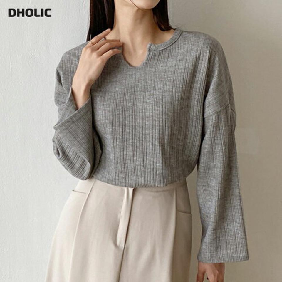 ウール混ネックスリットリブニット・b72888 レディース 【tops】ニット トップス 長袖 単色 ウール紺 リブ スリット ルーズ ゆったり 楽ちん ラフ ラウンドネック ドロップショルダー 秋 冬 カジュアル 灰色 韓国ファッション ハイホリHIHOLLI