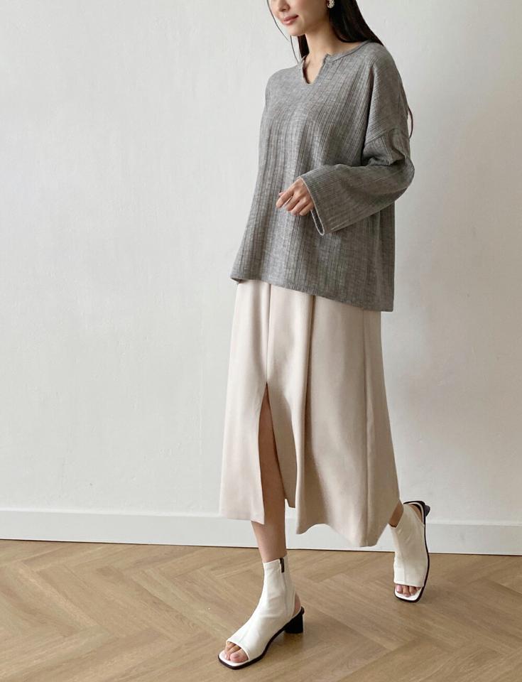 ウール混ネックスリットリブニット・b72888 レディース 【tops】ニット トップス 長袖 単色 ウール紺 リブ スリット ルーズ ゆったり 楽ちん ラフ ラウンドネック ドロップショルダー 秋 冬 カジュアル 灰色 韓国ファッション ハイホリHIHOLLI