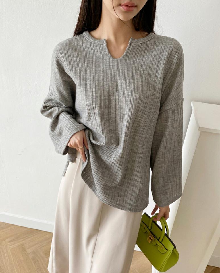 ウール混ネックスリットリブニット・b72888 レディース 【tops】ニット トップス 長袖 単色 ウール紺 リブ スリット ルーズ ゆったり 楽ちん ラフ ラウンドネック ドロップショルダー 秋 冬 カジュアル 灰色 韓国ファッション ハイホリHIHOLLI