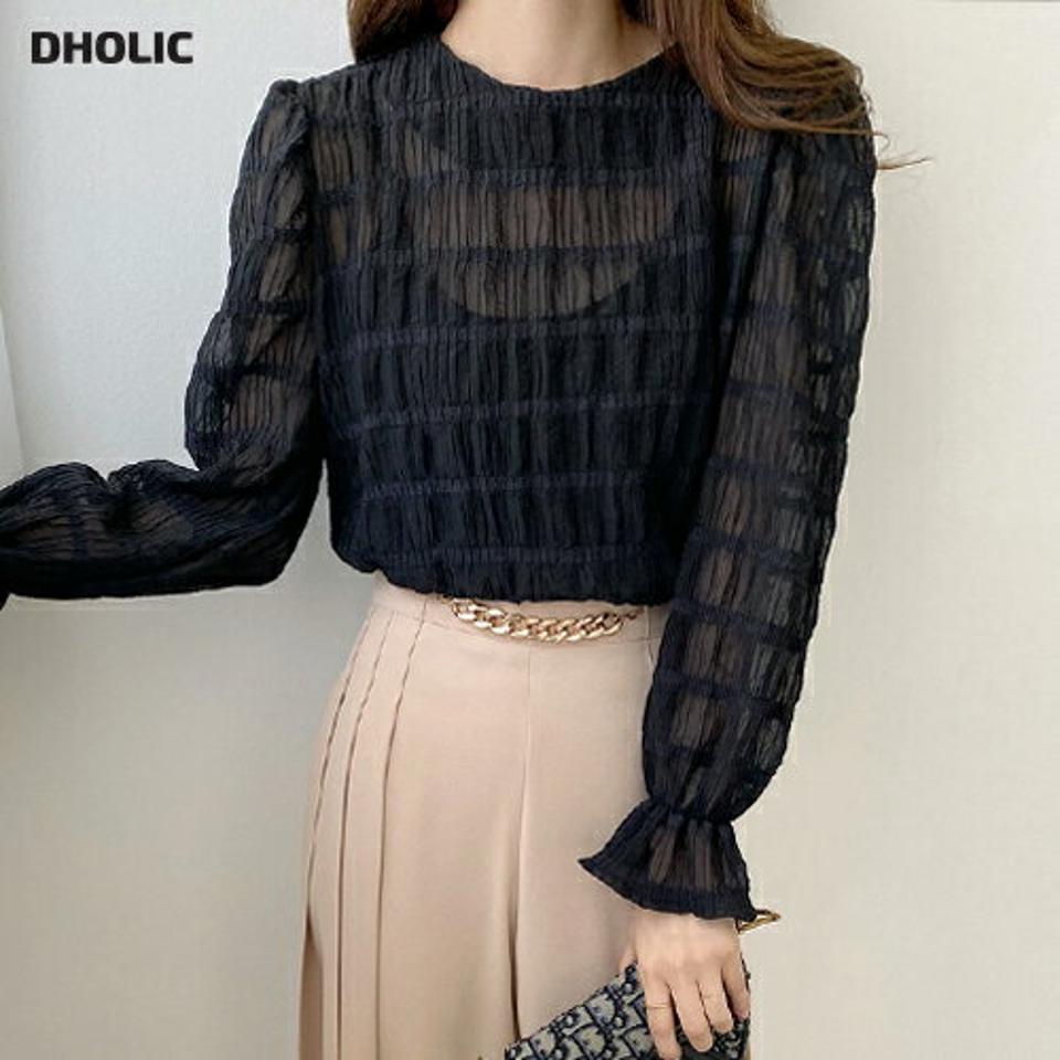 リンクルシアーブラウス・b72906 レディース 【bl】ブラウス トップス 長袖 単色 柄 模様 リンクル シアー 透け感 透け感 パフ袖 パフスリーブ ラウンドネック 春 秋 フェミニン キュート 黒 ブラック 韓国ファッション ハイホリHIHOLLI