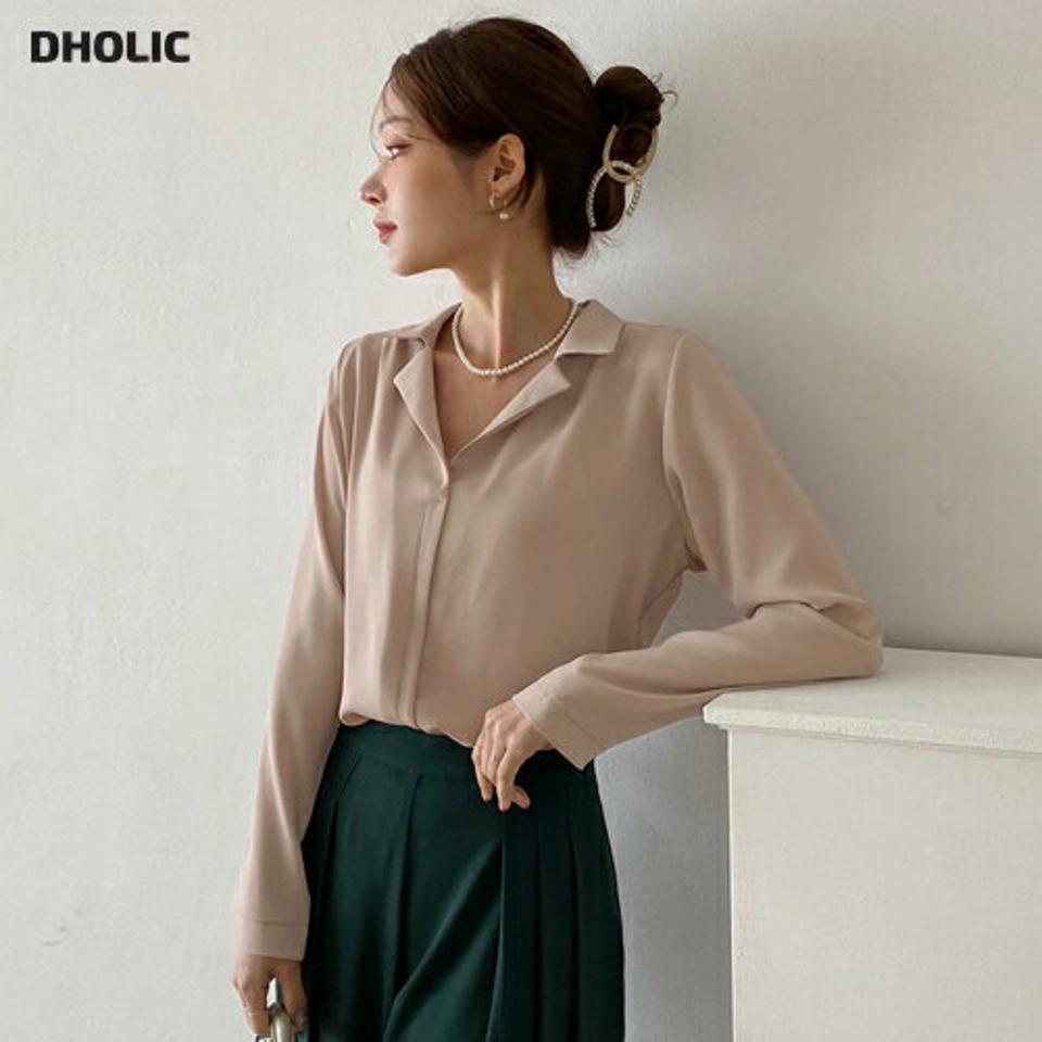オープンカラーブラウス・b72879 レディース 【bl】ブラウス トップス 長袖 襟 鎖骨 デコルテ オープンカラー Vネック 単色 無地 ベーシック オフィスカジュアル 端正 春 秋 冬 上品 大人 ピンク スクールガール 韓国ファッション HIHOLLI