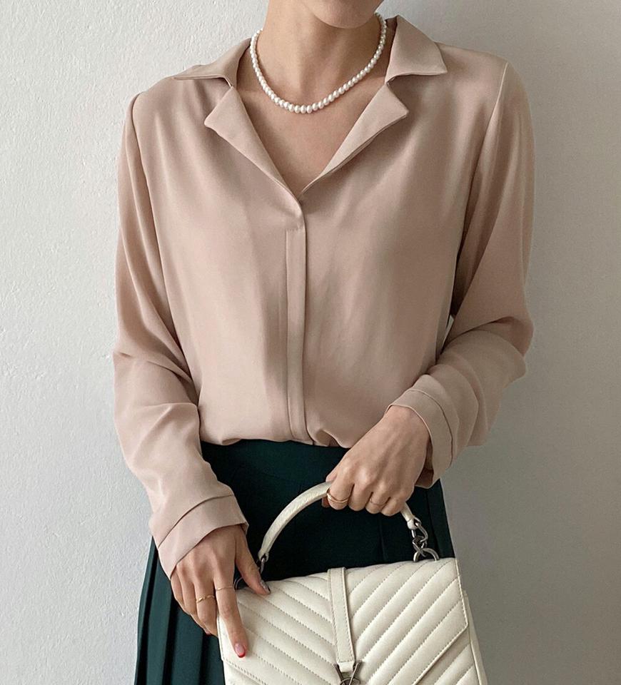 オープンカラーブラウス・b72879 レディース 【bl】ブラウス トップス 長袖 襟 鎖骨 デコルテ オープンカラー Vネック 単色 無地 ベーシック オフィスカジュアル 端正 春 秋 冬 上品 大人 ピンク スクールガール 韓国ファッション HIHOLLI