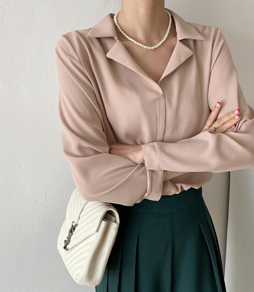 オープンカラーブラウス・b72879 レディース 【bl】ブラウス トップス 長袖 襟 鎖骨 デコルテ オープンカラー Vネック 単色 無地 ベーシック オフィスカジュアル 端正 春 秋 冬 上品 大人 ピンク スクールガール 韓国ファッション HIHOLLI