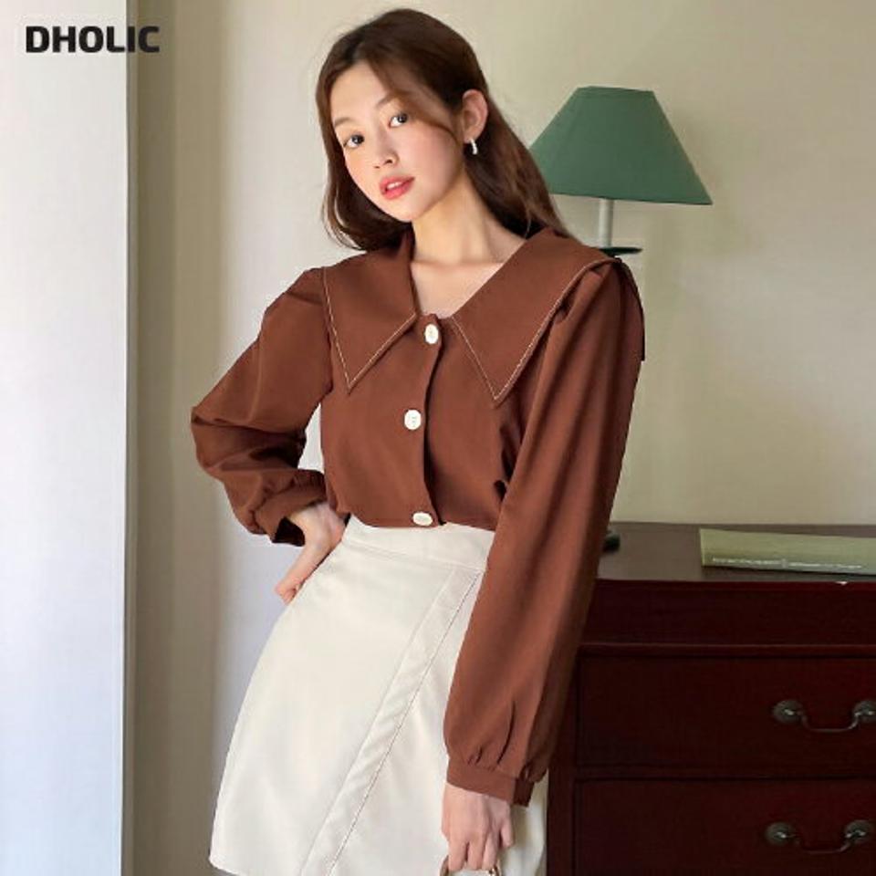 ステッチセーラーカラーブラウス・t01177 レディース 【bl】トップス ブラウス 長袖 大きい襟 襟コン セーラーカラー ステッチ シンプル かわいい 可愛い 単色 無地 茶色 ブラウン ビッグカラー フレンチ パフスリーブ 春 秋 韓国ファッション