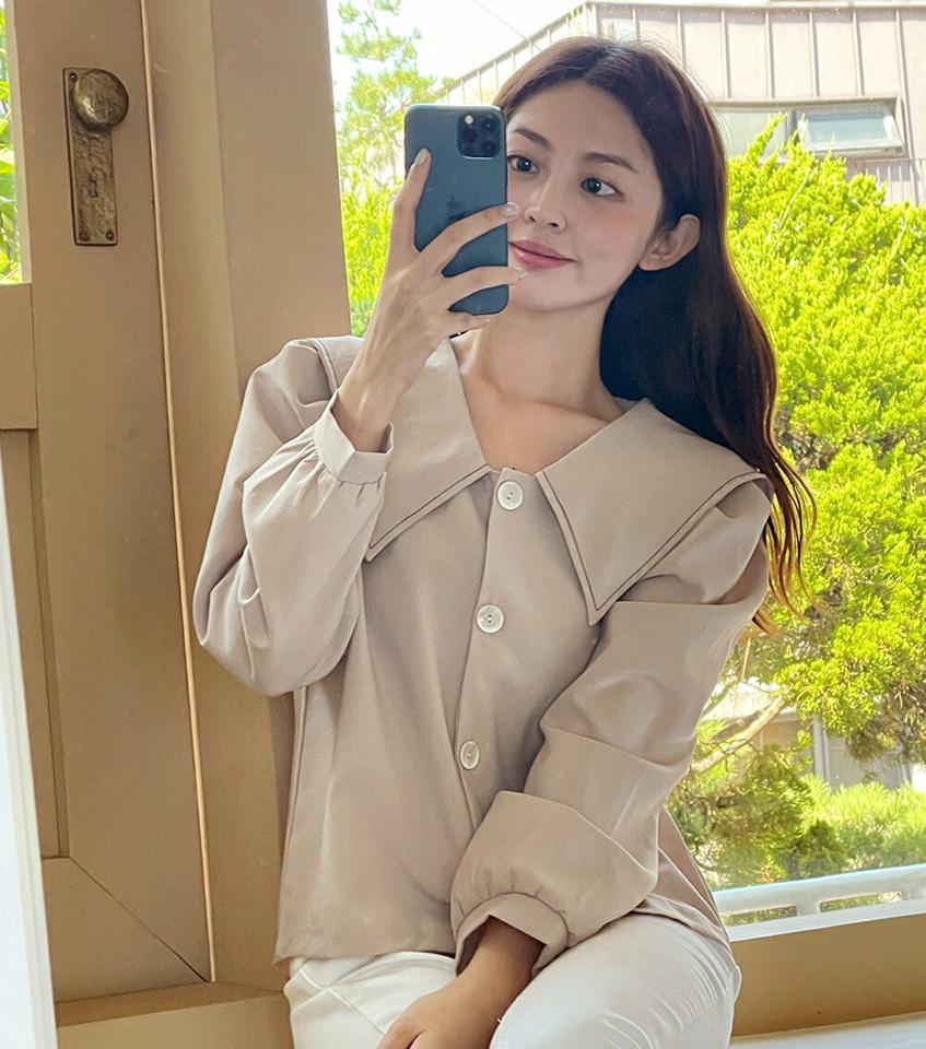 ステッチセーラーカラーブラウス・t01177 レディース 【bl】トップス ブラウス 長袖 大きい襟 襟コン セーラーカラー ステッチ シンプル かわいい 可愛い 単色 無地 茶色 ブラウン ビッグカラー フレンチ パフスリーブ 春 秋 韓国ファッション