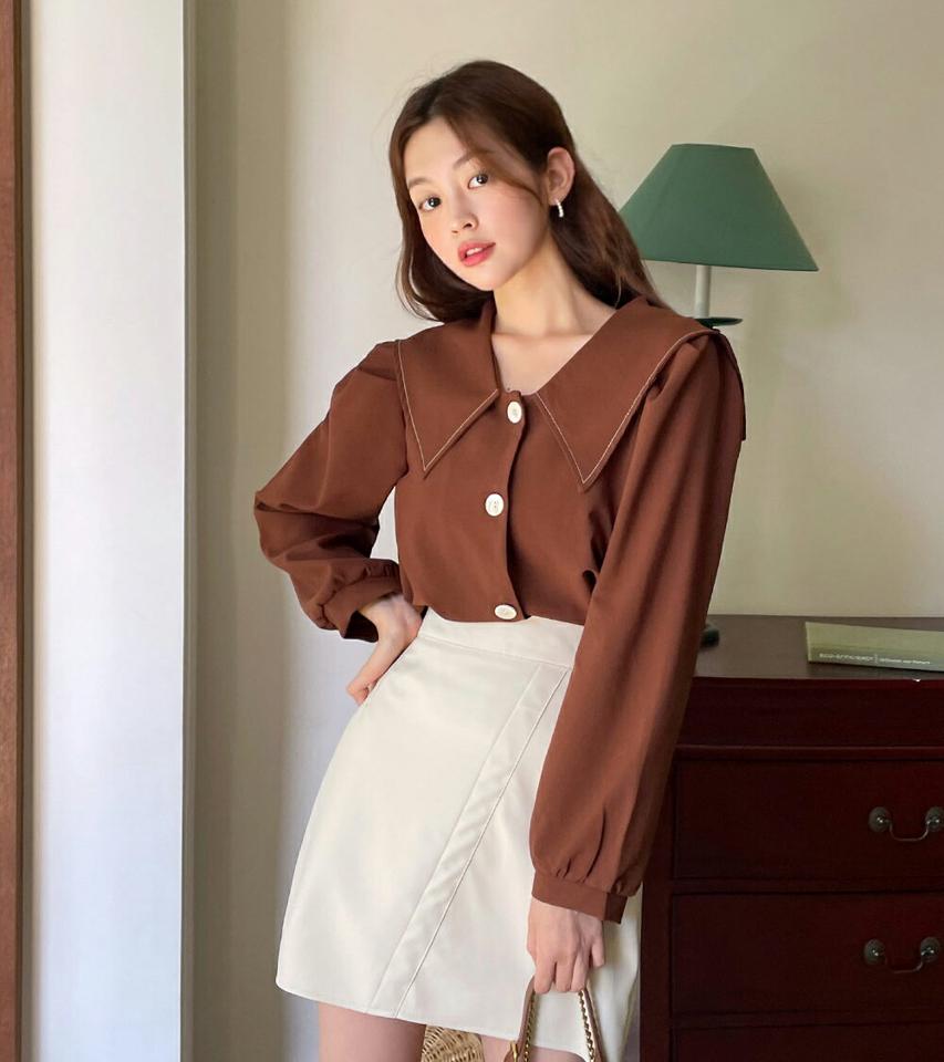 ステッチセーラーカラーブラウス・t01177 レディース 【bl】トップス ブラウス 長袖 大きい襟 襟コン セーラーカラー ステッチ シンプル かわいい 可愛い 単色 無地 茶色 ブラウン ビッグカラー フレンチ パフスリーブ 春 秋 韓国ファッション