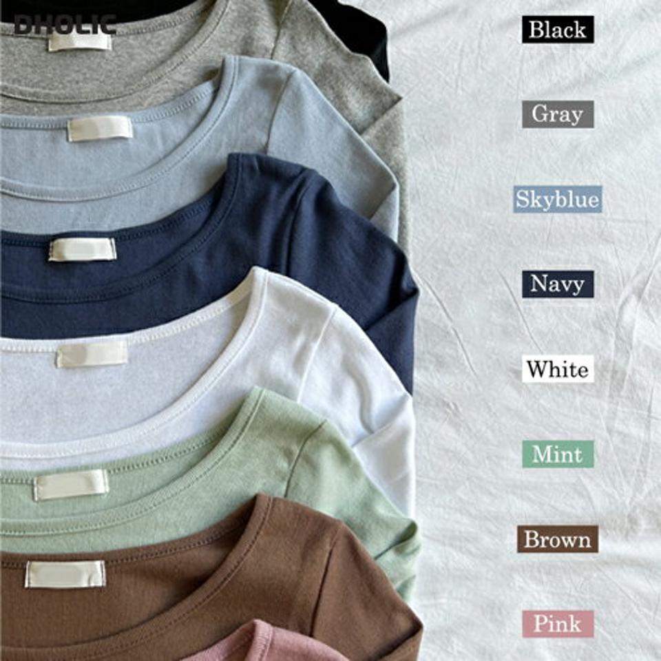 ラウンドネック長袖Tシャツ・t01145 レディース 【tops】トップス Tシャツ 長袖 ロンT ラウンドネック 単色 無地 シンプル ベーシック 黄緑 茶色 ピンク ネイビー 水色 グレー 白T 無地T ドロップショルダー 綿 コットン 春 秋 韓国ファッション 人気