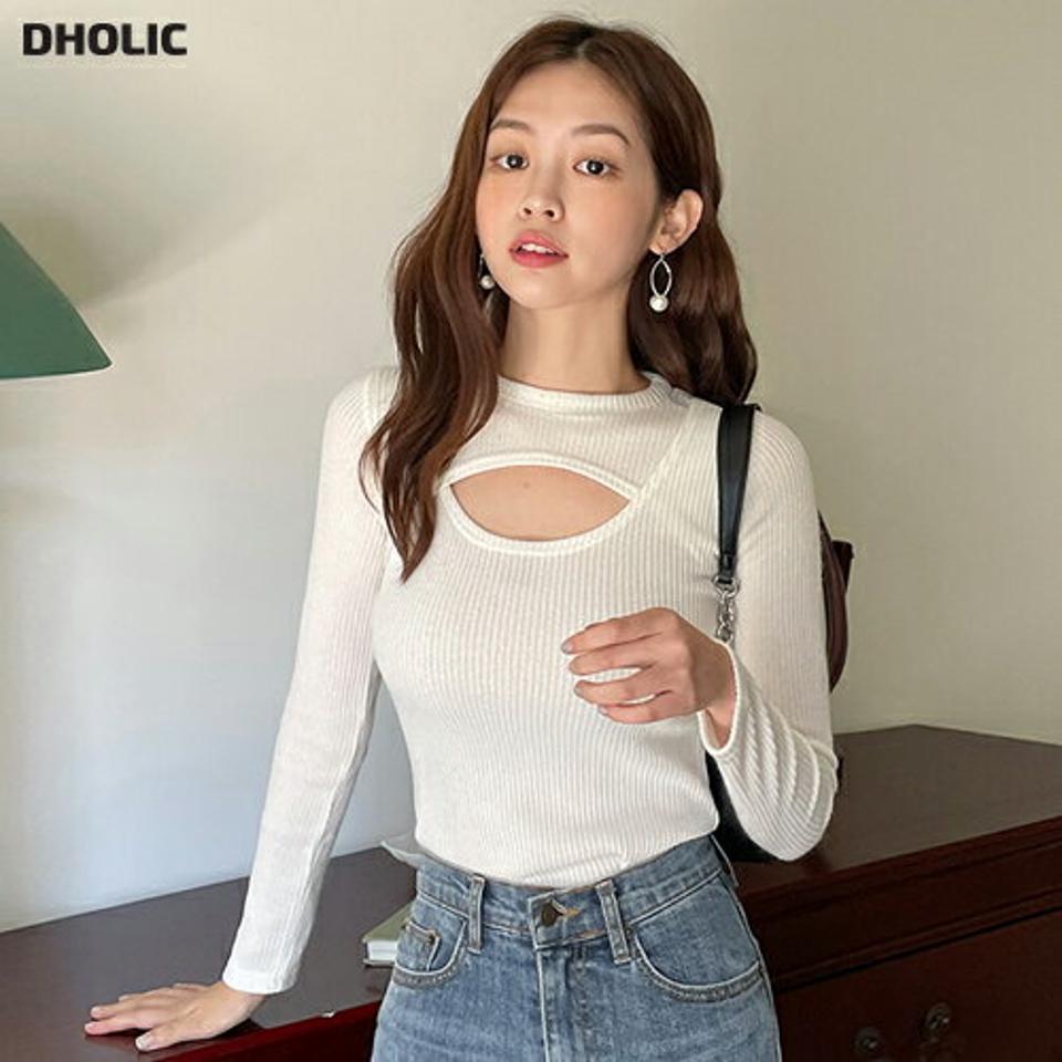 カットアウトリブTシャツ・t01152 レディース 【tops】トップス Tシャツ 長袖 リブトップス 胸元 露出 セクシー カットアウト 単色 無地 シンプル 大人 タイト スリム カジュアル ラウンドネック 春 秋 ワンホン 韓国ファッション