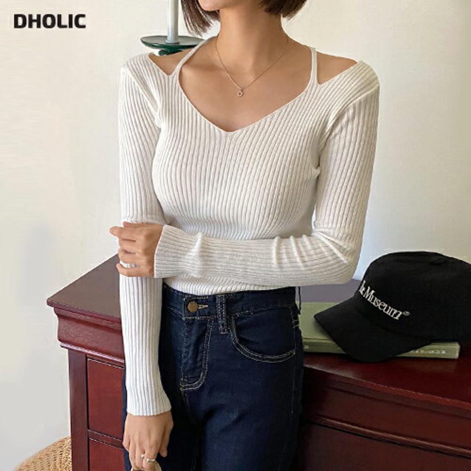 ショルダースリットリブニット・t01175 レディース 【tops】トップス ニット 長袖 リブトップス 肩出し オープンショルダー スリット 単色 シンプル セクシー 露出 肌見せ 大人 スリム Vネック デコルテ 鎖骨 春 秋 ワンホン 韓国ファッション