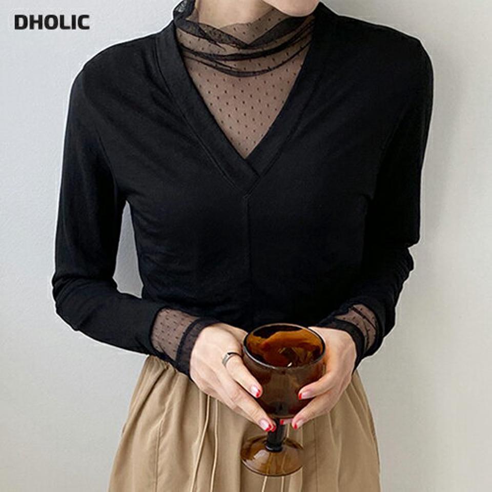 ドットシアーハイネックTシャツ・b72886 レディース 【tops】トップス Tシャツ 柄 模様 ドット 異素材 長袖 シアー シースルー 透け感 ハイネック Vネック 単色 秋 冬 フェミニン 大人 ベージュ かわいい 韓国ファッション ハイホリHIHOLLI