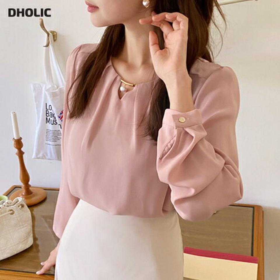 【マラソン特価】フェイクパールネックブラウス・t01155 レディース 【bl】トップス ブラウス 長袖 パール フェミニン きれいめ 大人 上品 オフィスカジュアル 通勤 単色 無地 ピンク とろみブラウス パフスリーブ オケージョン かわいい 春 秋 韓国ファッション 人気 セール