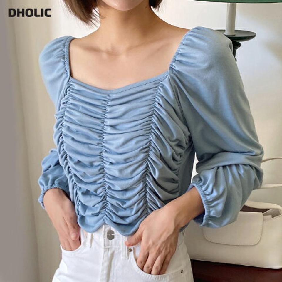 2WAYシャーリングTシャツ・b01176 レディース 【tops】トップス Tシャツ シャーリング くしゅくしゅ デコルテ フェミニン パフスリーブ 水色 きれいめ かわいい 大人 ゴム ダイヤモンドネック オフショルダー 肩出し 春 秋 韓国ファッション