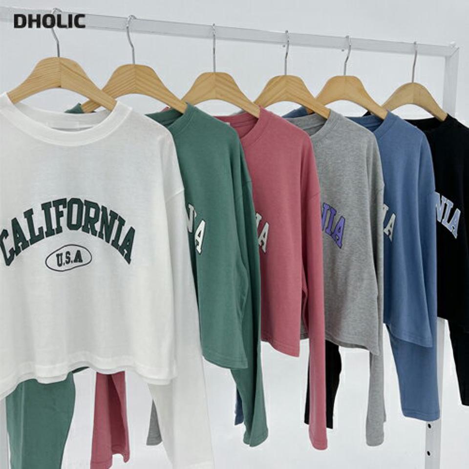 CALIFORNIAクロップドTシャツ・t67131 レディース 【tops】トップス Tシャツ 長袖 ロンT ロゴ レタリング ラウンドネック カジュアル ラフ 韓スト 緑 ピンク 青 ドロップショルダー クロップド丈 短丈 春 秋 韓国ファッション 人気