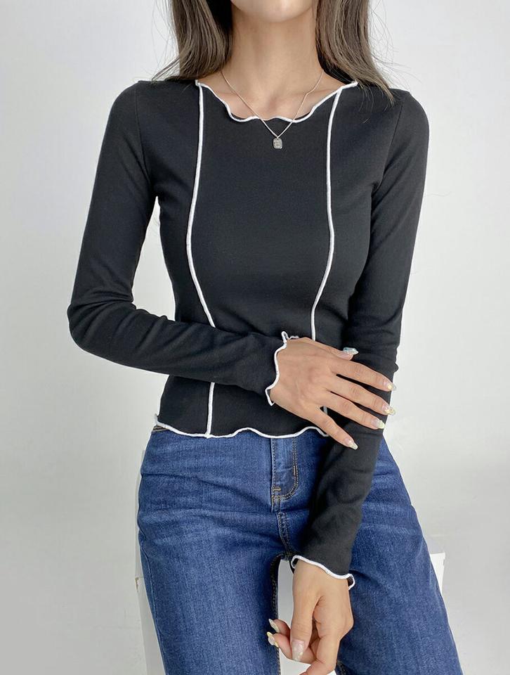 ≪人気商品再入荷≫メロウ配色Tシャツ・t01662 レディース 【tops】トップス Tシャツ ロンT メロウ 配色 シンプル ストリート カジュアル タイト スリム ラウンドネック ステッチ クロップド丈 春 秋 韓国ファッション