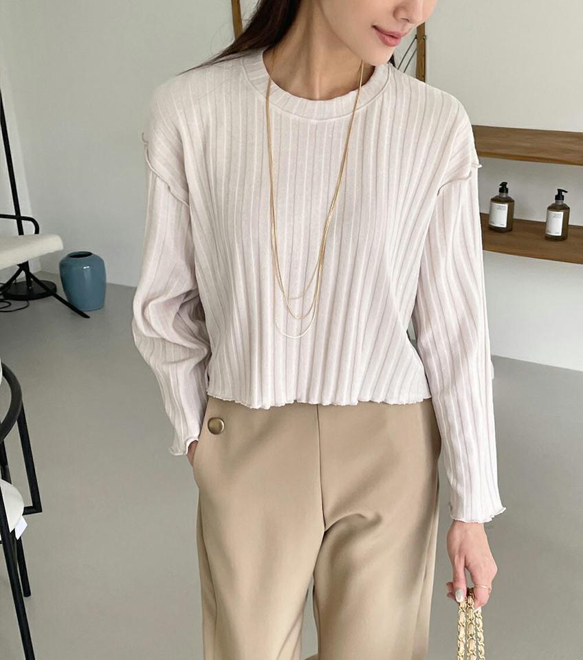 【マラソン特価】メロウワイドリブTシャツ・t72597 レディース 【tops】トップス 長袖 リブ クロップド丈 単色 無地 ベーシック メロウ ヘム ドロップショルダー ゆったり 楽ちん ラフ フェミニン ピンク ショート丈 秋 春 風 韓国ファッション ハイホリHIHOLLI セール