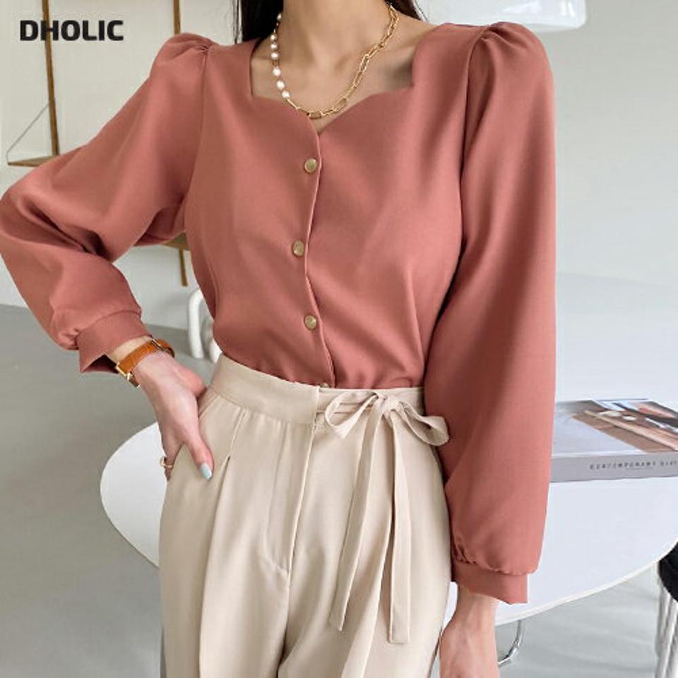 ハートネックボタンブラウス・t72600 レディース 【bl】ブラウス トップス 長袖 単色 無地 シンプル ベーシック パフ袖 パフスリーブ ハートネック 鎖骨 デコルテ オフィスカジュアル 秋 冬 フェミニン ピンク 韓国ファッション ハイホリHIHOLLI 人気