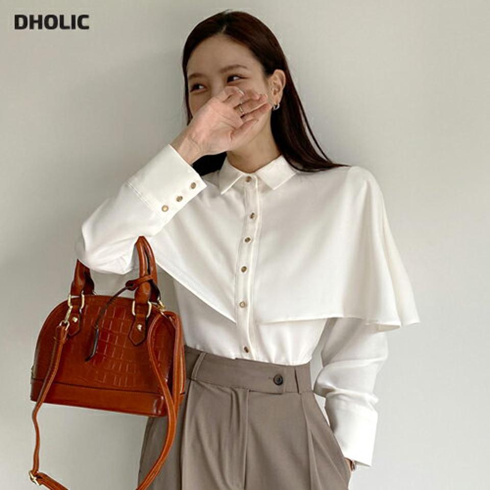 ケープボタンブラウス・b72604 レディース 【bl】ブラウス トップス 長袖 ケープ 単色 無地 シンプル ベーシック ユニーク オフィスカジュアル ボタン ぼたん シャツ 襟 秋 冬 フェミニン 大人 きれいめ 白 人気 韓国ファッション ハイホリHIHOLLI