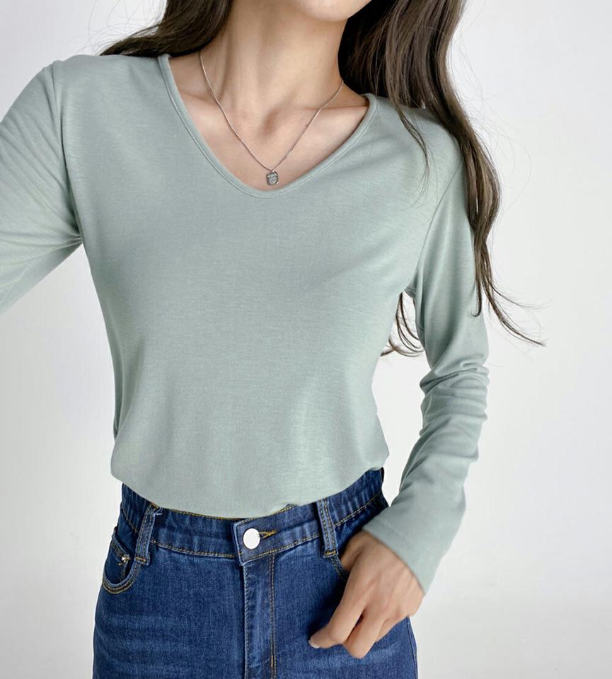 【スーパーセール特価】VネックスリムTシャツ・t01660 レディース 【tops】トップス Tシャツ ロンT 長袖 単色 無地 シンプル ベーシック Vネック スリム カジュアル 水色 黄緑 ピンク ベージュ 無地T 白T ホワイト 春 秋 韓国ファッション