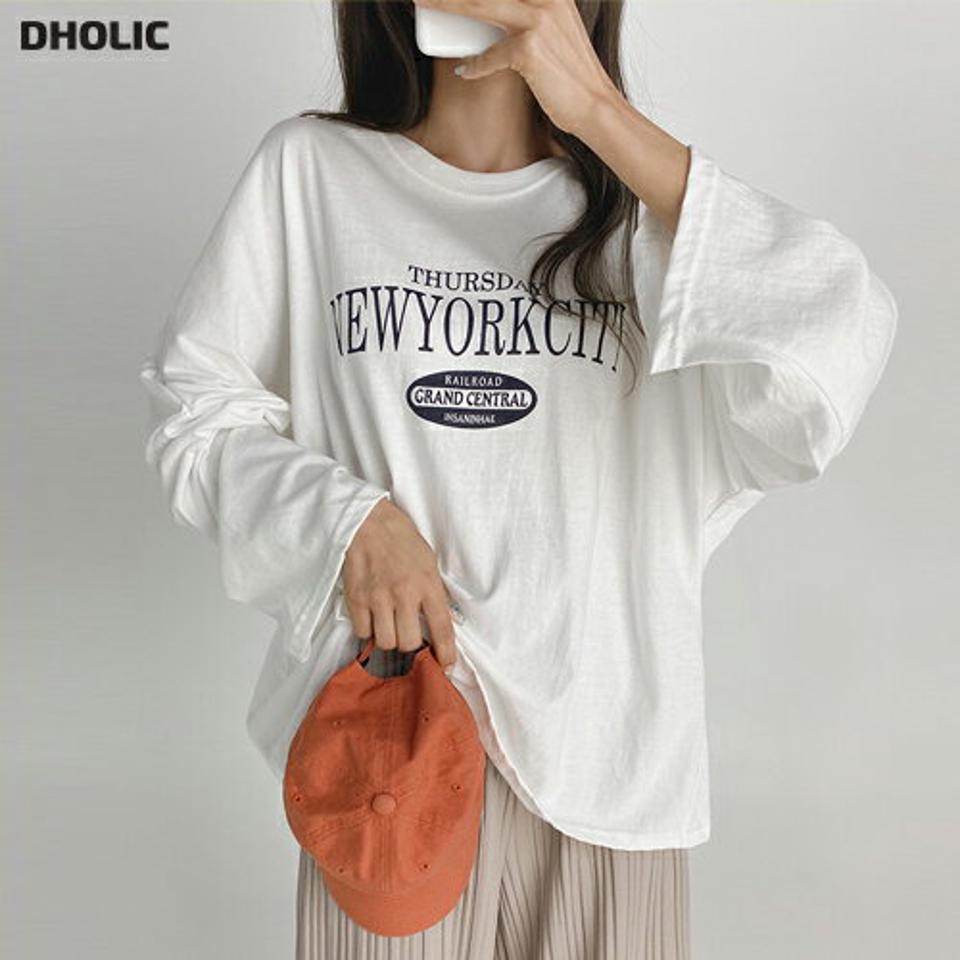 NEWYORKCITYボクシーTシャツ・t01663 レディース 【tops】トップス Tシャツ 長袖 ロンT ロゴ レタリング カジュアル ラウンドネック ラフ ゆったり ルーズ ワンマイルウェア ドロップショルダー ワイドスリーブ 春 秋 韓国ファッション