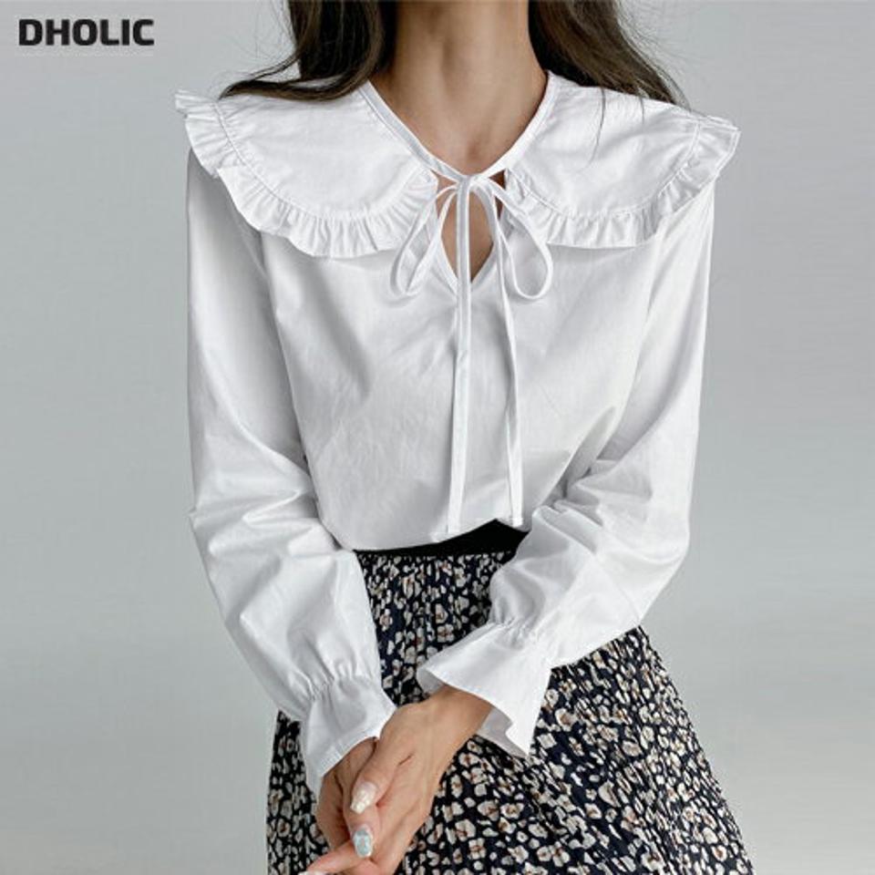 フリルカラーリボンブラウス・t01704 レディース 【bl】トップス ブラウス 長袖 襟コン 大きい襟 ガーリー フリル りぼん 単色 無地 シンプル かわいい 可愛い ホワイト 袖コン 小顔効果 スリットネック ビッグカラー 春 秋 韓国ファッション