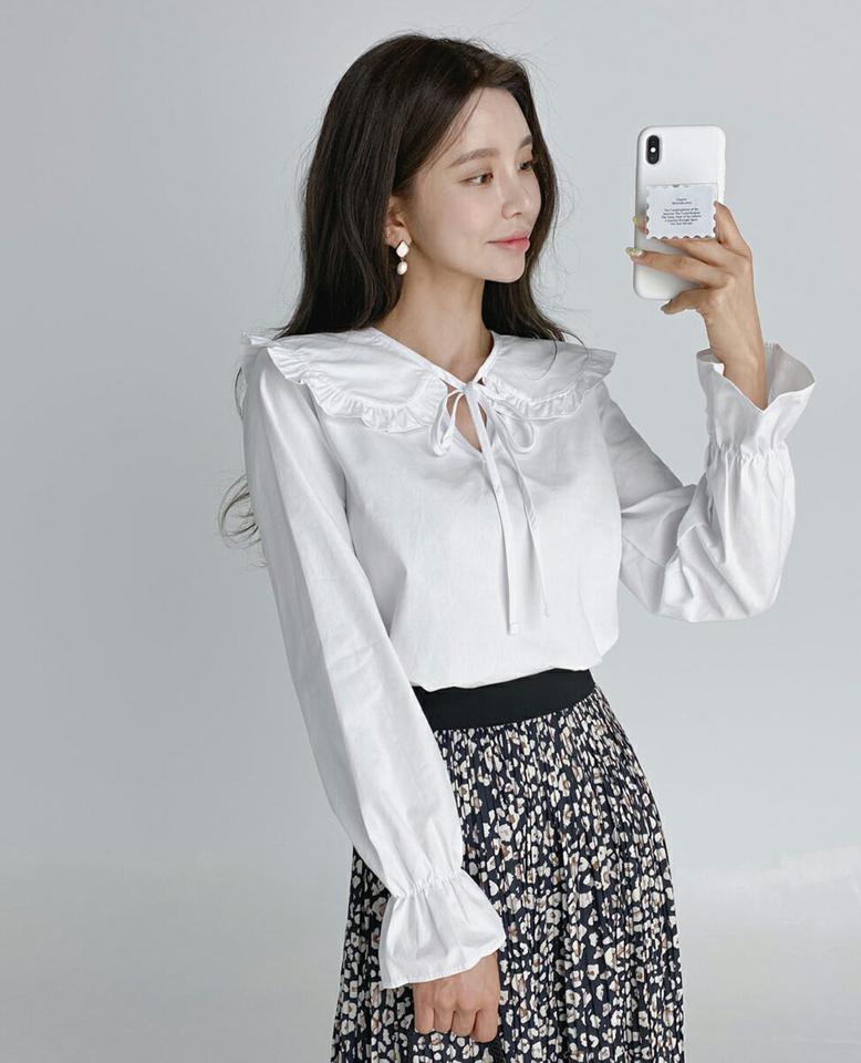 フリルカラーリボンブラウス・t01704 レディース 【bl】トップス ブラウス 長袖 襟コン 大きい襟 ガーリー フリル りぼん 単色 無地 シンプル かわいい 可愛い ホワイト 袖コン 小顔効果 スリットネック ビッグカラー 春 秋 韓国ファッション