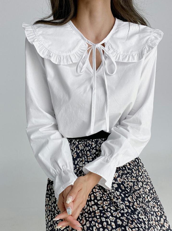 フリルカラーリボンブラウス・t01704 レディース 【bl】トップス ブラウス 長袖 襟コン 大きい襟 ガーリー フリル りぼん 単色 無地 シンプル かわいい 可愛い ホワイト 袖コン 小顔効果 スリットネック ビッグカラー 春 秋 韓国ファッション