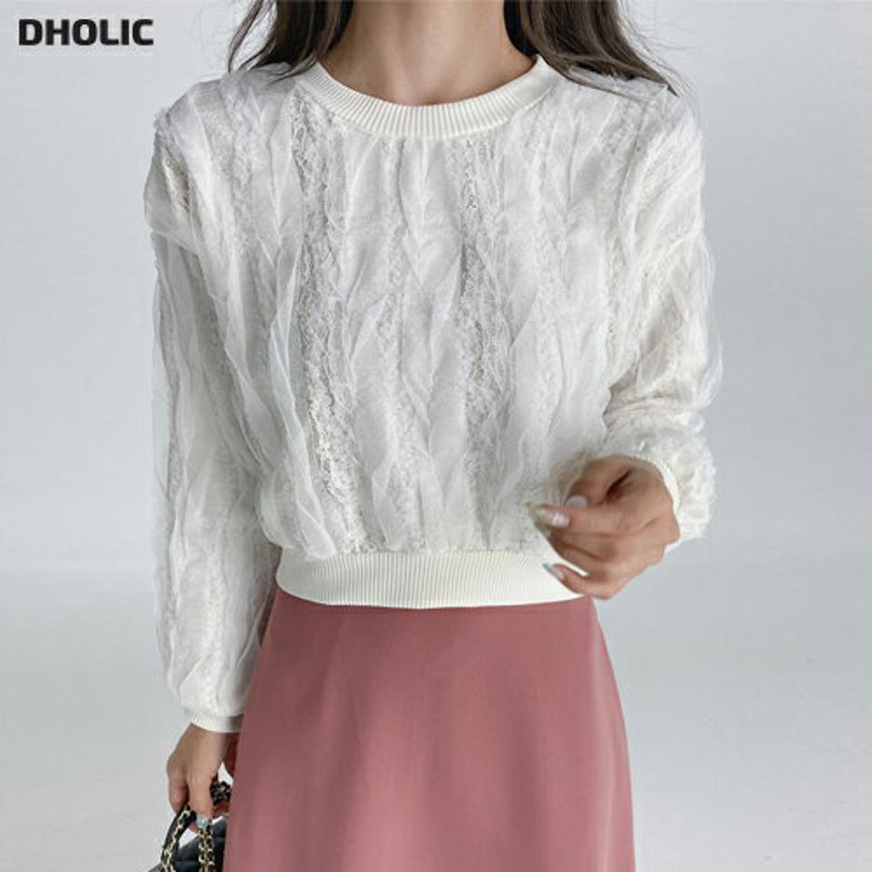 レースフリルTシャツ・t01672 レディース 【tops】トップス Tシャツ 長袖 ラウンドネック レース フリル フェミニン かわいい 可愛い メッシュ ウェーブ クロップド丈 ユニーク 大人 春 秋 韓国ファッション