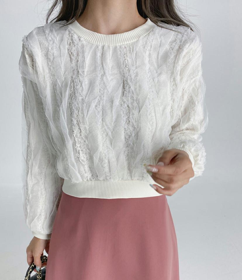 レースフリルTシャツ・t01672 レディース 【tops】トップス Tシャツ 長袖 ラウンドネック レース フリル フェミニン かわいい 可愛い メッシュ ウェーブ クロップド丈 ユニーク 大人 春 秋 韓国ファッション