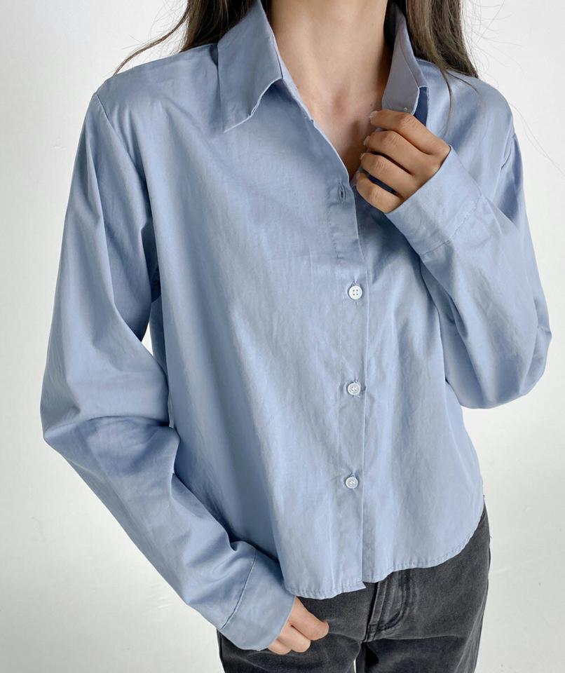 ラウンドヘムクロップドシャツ・t01677 レディース 【bl】トップス シャツ 長袖 襟 単色 無地 シンプル ベーシック 大人 オフィスカジュアル きれいめ カラーシャツ 白シャツ 青 緑 スクールガール 春 秋 冬 韓国ファッション