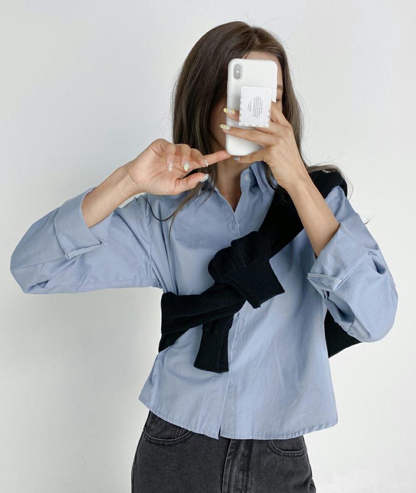 ラウンドヘムクロップドシャツ・t01677 レディース 【bl】トップス シャツ 長袖 襟 単色 無地 シンプル ベーシック 大人 オフィスカジュアル きれいめ カラーシャツ 白シャツ 青 緑 スクールガール 春 秋 冬 韓国ファッション