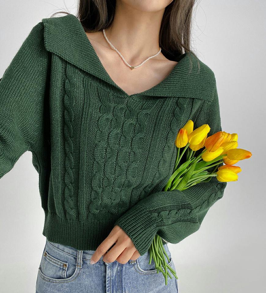 ケーブルショルダーカラーニット・t01679 レディース 【tops】トップス ニット 長袖 ケーブルニット 編み カラーニット Vネック ラグランスリーブ 単色 無地 シンプル カジュアル アクリルニット 大きい襟 紫 緑 春 秋 韓国ファッション