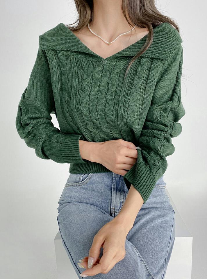 ケーブルショルダーカラーニット・t01679 レディース 【tops】トップス ニット 長袖 ケーブルニット 編み カラーニット Vネック ラグランスリーブ 単色 無地 シンプル カジュアル アクリルニット 大きい襟 紫 緑 春 秋 韓国ファッション