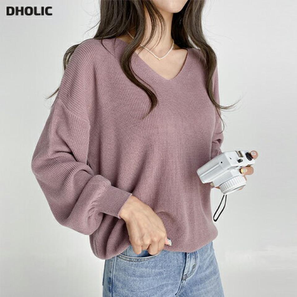 Vネックルーズニット・t01678 レディース 【tops】トップス ニット 年上 長袖 Vネック ルーズ 単色 無地 シンプル ベーシック カジュアル 大人 くすみ ピンク カラーニット ドロップショルダー 春 秋 韓国ファッション 人気