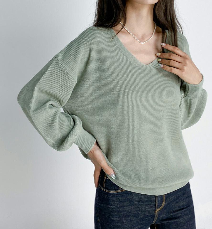 Vネックルーズニット・t01678 レディース 【tops】トップス ニット 年上 長袖 Vネック ルーズ 単色 無地 シンプル ベーシック カジュアル 大人 くすみ ピンク カラーニット ドロップショルダー 春 秋 韓国ファッション 人気
