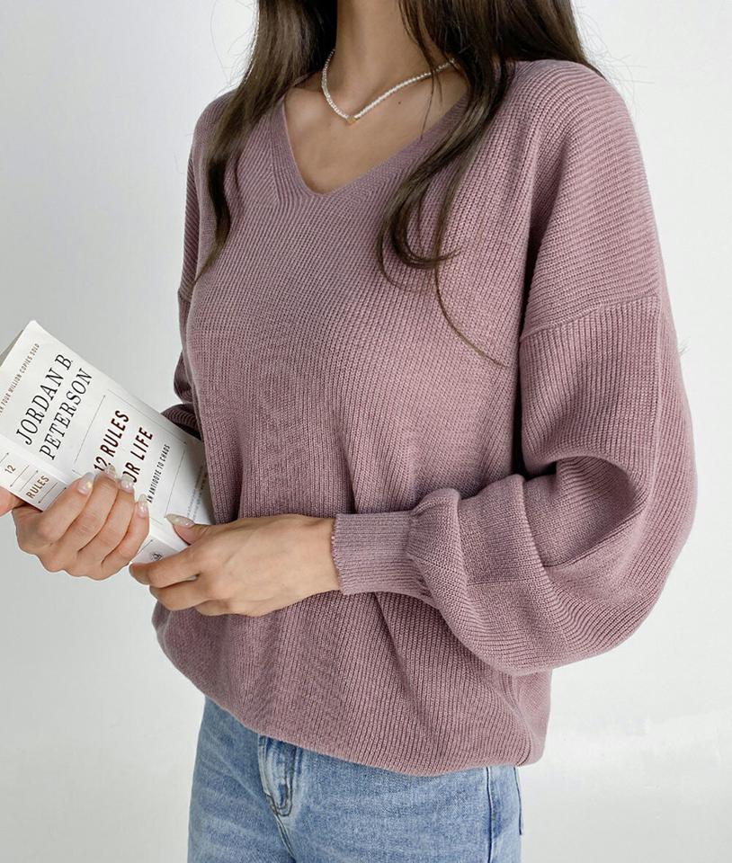 Vネックルーズニット・t01678 レディース 【tops】トップス ニット 年上 長袖 Vネック ルーズ 単色 無地 シンプル ベーシック カジュアル 大人 くすみ ピンク カラーニット ドロップショルダー 春 秋 韓国ファッション 人気