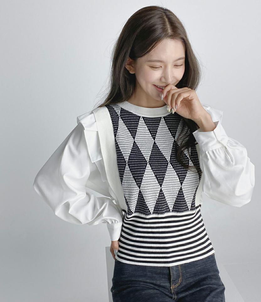 ダイヤボーダーフリルニット・b01682 レディース 【tops】トップス 長袖 レイヤード風 ダイヤ柄 ボーダー柄 フリル 袖コン かわいい 可愛い ガーリー 大人 ラウンドネック 異素材 ミックス インしない 春 秋 韓国ファッション