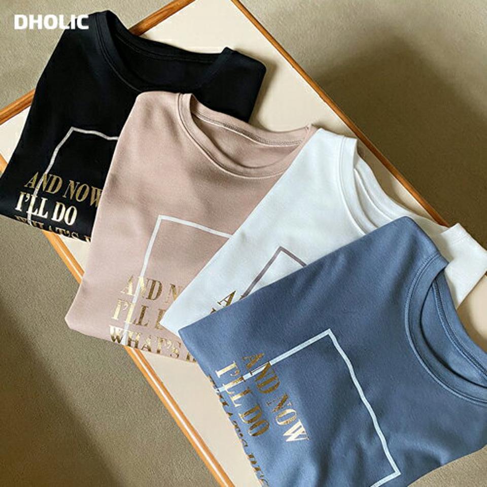 レタリングスクエアプリントTシャツ・b47701 レディース 【tops】トップス Tシャツ 柄 模様 レタリング ロゴ ロゴT ラフ 長袖 ラウンドネック 秋 冬 カジュアル 大人 フェミニン かわいい 可愛い プリント 人気 韓国ファッション ハイホリHIHOLLI