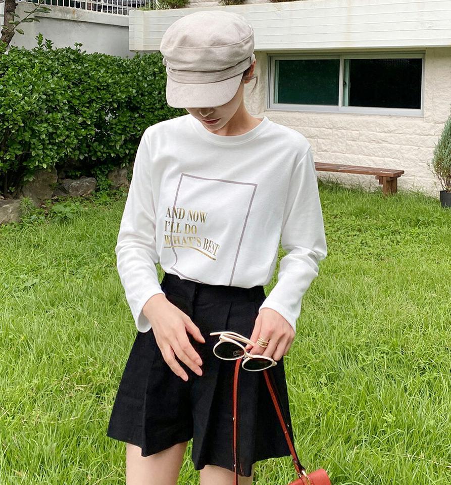 レタリングスクエアプリントTシャツ・b47701 レディース 【tops】トップス Tシャツ 柄 模様 レタリング ロゴ ロゴT ラフ 長袖 ラウンドネック 秋 冬 カジュアル 大人 フェミニン かわいい 可愛い プリント 人気 韓国ファッション ハイホリHIHOLLI