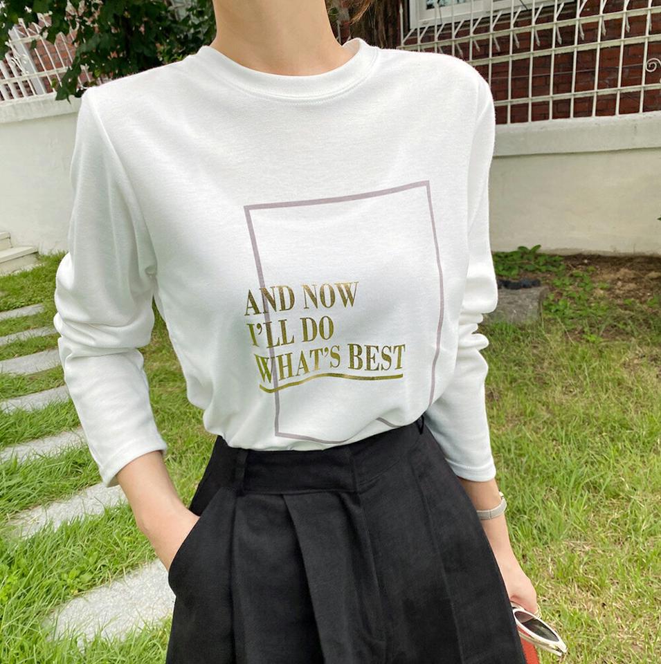 レタリングスクエアプリントTシャツ・b47701 レディース 【tops】トップス Tシャツ 柄 模様 レタリング ロゴ ロゴT ラフ 長袖 ラウンドネック 秋 冬 カジュアル 大人 フェミニン かわいい 可愛い プリント 人気 韓国ファッション ハイホリHIHOLLI