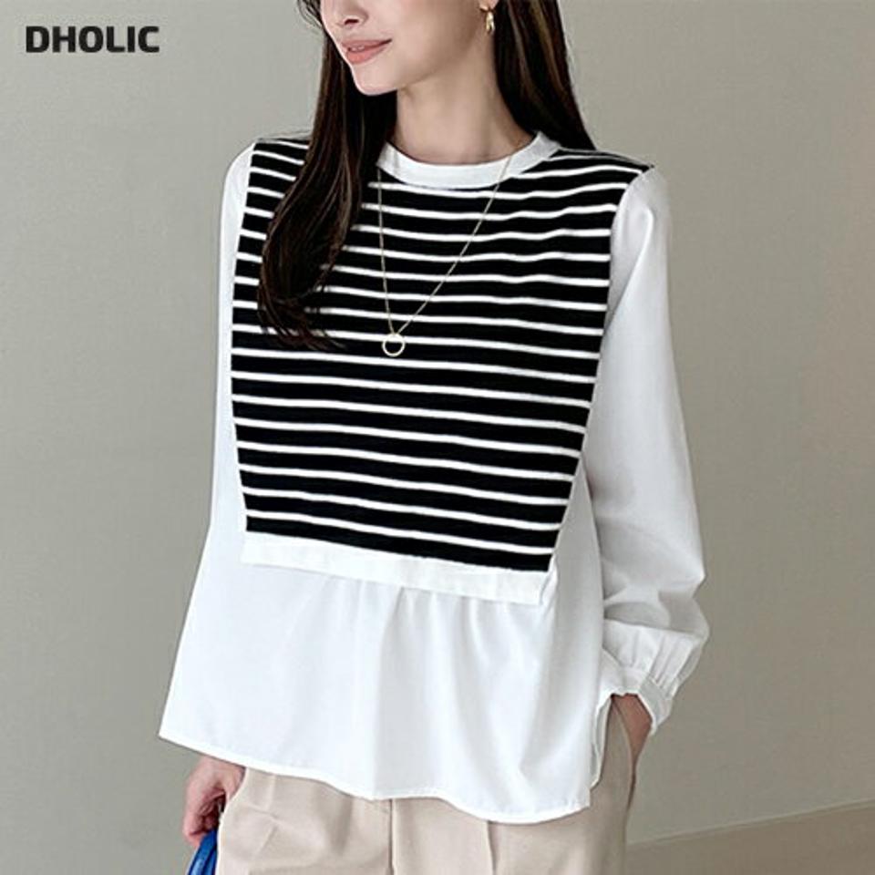 ボーダーコントラストブラウス・b47728 レディース 【bl】ブラウス トップス 長袖 柄 模様 ボーダー 異素材 お腹カバー ユニーク リブ 秋 冬 フェミニン カジュアル モノトーン 白 黒 ホワイト ブラック シック インしないブラウス 韓国ファッション ハイホリHIHOLLI