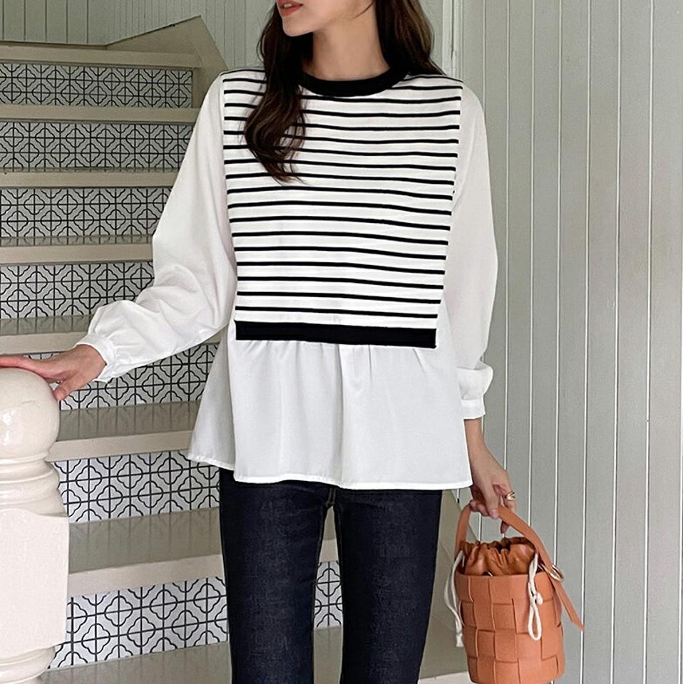 ボーダーコントラストブラウス・b47728 レディース 【bl】ブラウス トップス 長袖 柄 模様 ボーダー 異素材 お腹カバー ユニーク リブ 秋 冬 フェミニン カジュアル モノトーン 白 黒 ホワイト ブラック シック インしないブラウス 韓国ファッション ハイホリHIHOLLI