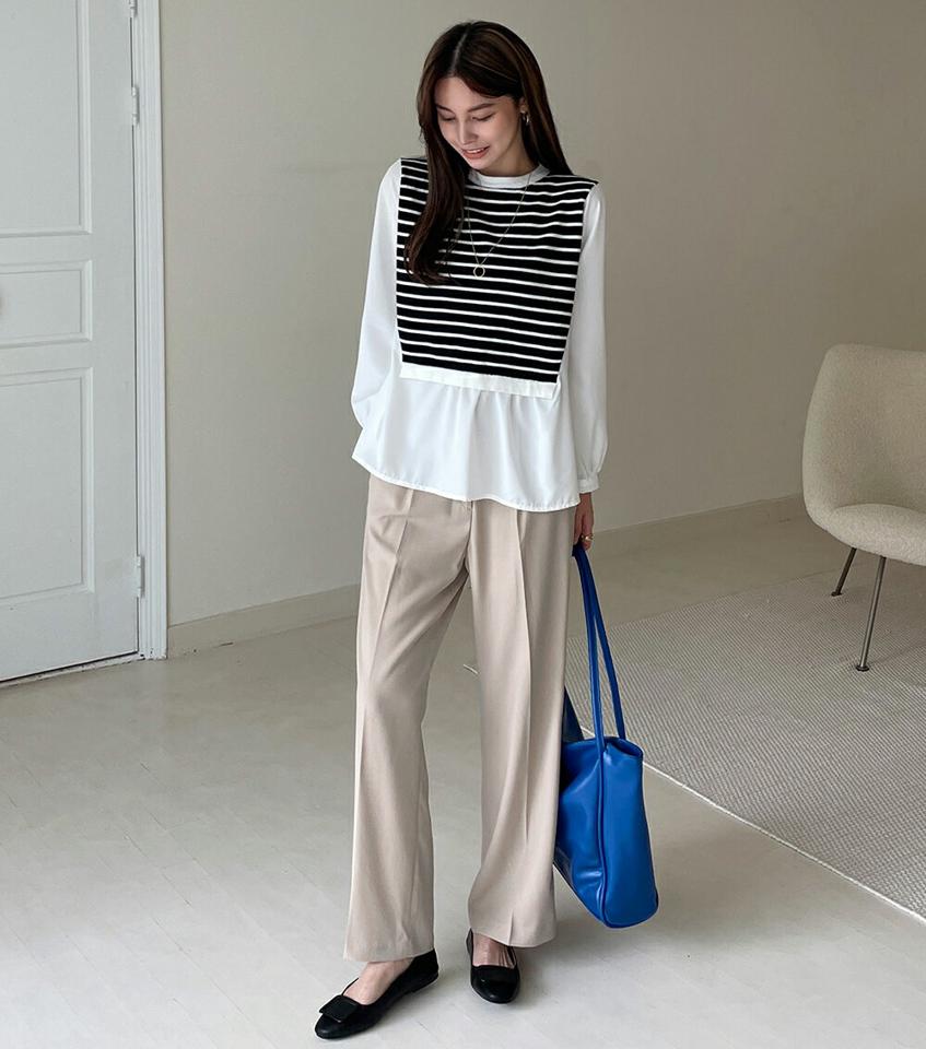 ボーダーコントラストブラウス・b47728 レディース 【bl】ブラウス トップス 長袖 柄 模様 ボーダー 異素材 お腹カバー ユニーク リブ 秋 冬 フェミニン カジュアル モノトーン 白 黒 ホワイト ブラック シック インしないブラウス 韓国ファッション ハイホリHIHOLLI