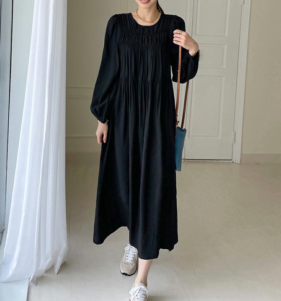シャーリング長袖ワンピース・b47712 レディース 【ops】ワンピース ロング丈 長袖 単色 無地 シンプル ベーシック 体型カバー ゆったり 楽ちん シャーリング Aライン フレア パフ袖 秋 冬 フェミニン ピンク 韓国ファッション HIHOLLI