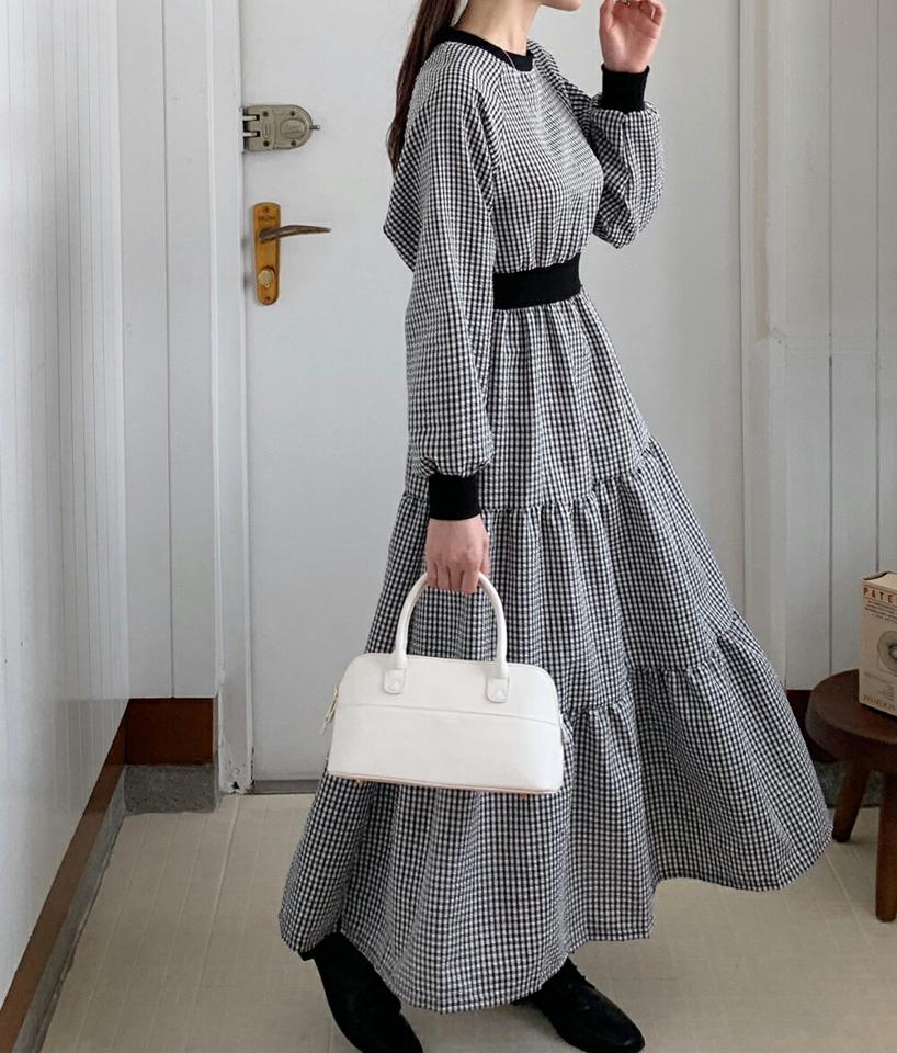 チェックティアードワンピース・b47710 レディース 【ops】ワンピース ロング丈 長袖 柄 模様 チェック リンクル ラグラン Aライン ティアード フレア 配色 ウエストマーク 秋 冬 フェミニン カジュアル 紺 韓国ファッション ハイホリHIHOLLI 人気
