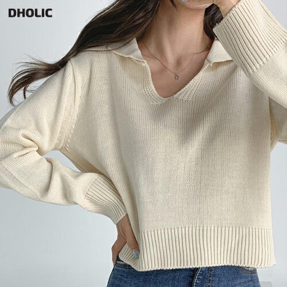Vネックカラークロップドニット・b03252 レディース 【tops】トップス ニット 年上 長袖 ポロ襟 Vネック クロップド丈 単色 無地 シンプル カジュアル 大人 ドロップショルダー ショート丈 短丈 春 秋 韓国ファッション