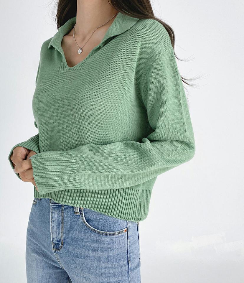 Vネックカラークロップドニット・b03252 レディース 【tops】トップス ニット 年上 長袖 ポロ襟 Vネック クロップド丈 単色 無地 シンプル カジュアル 大人 ドロップショルダー ショート丈 短丈 春 秋 韓国ファッション
