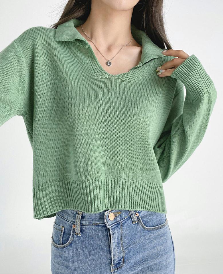 Vネックカラークロップドニット・b03252 レディース 【tops】トップス ニット 年上 長袖 ポロ襟 Vネック クロップド丈 単色 無地 シンプル カジュアル 大人 ドロップショルダー ショート丈 短丈 春 秋 韓国ファッション