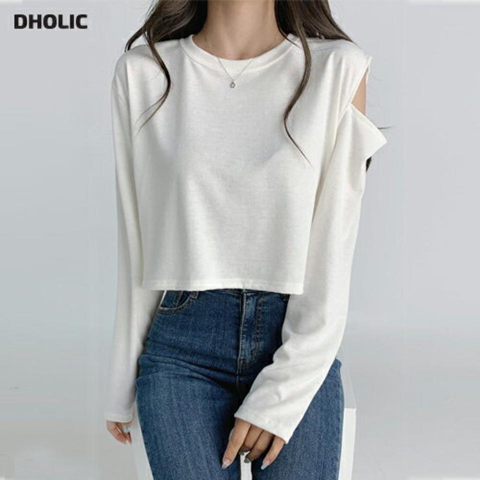 スリットスリーブTシャツ・t03246 レディース 【tops】トップス Tシャツ 長袖 カットアウト 肌見せ 露出 スリット 袖コン 単色 無地 カジュアル ユニーク ラウンドネック 大人 白T 綿 春 秋 韓国ファッション 人気