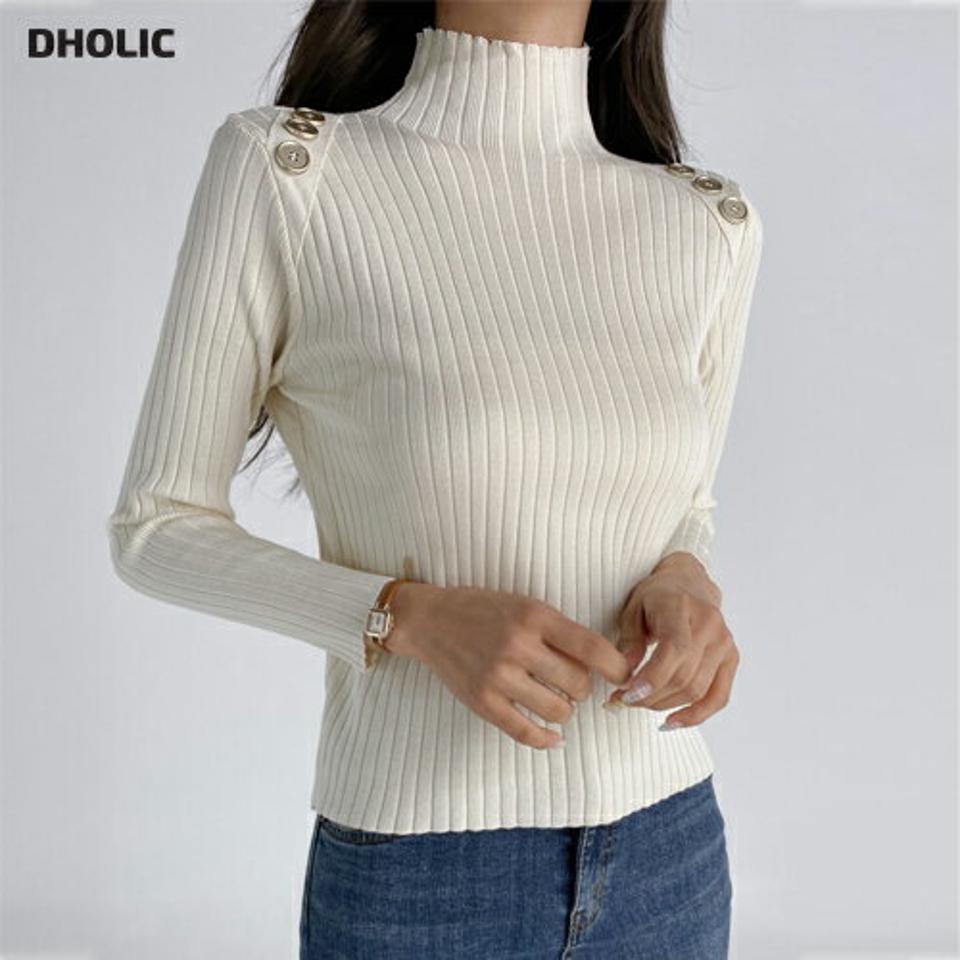 ショルダーボタンハイネックニット・t03239 レディース 【tops】トップス ニット 年上 長袖 ゴールドボタン リブ ハイネック 大人 きれいめ 単色 無地 シンプル スリム タイト 春 秋 韓国ファッション